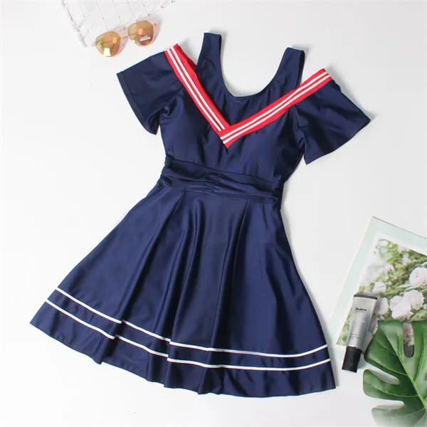 Dark Blue Темно-синий полосатый купальник, женский сексуальный купальник с открытыми плечами, пляжная юбка, Цельный купальник, талия, складной купальник - Цвет: Dark Blue