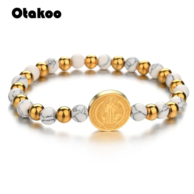 Otakoo в этническом стиле Нержавеющая сталь святой Бенедикт Подвеска Амулет браслет Цветной бусины Браслеты для Для женщин амулет ювелирные изделия