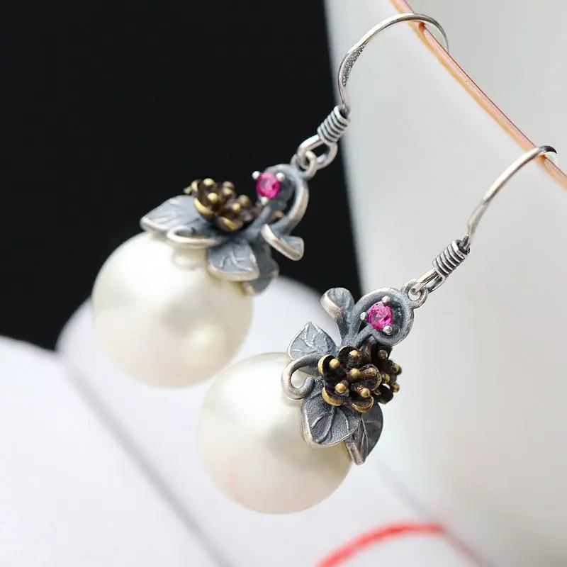 

Fortune pavilion silver wholesale manually set shell beads, 925 silver earrings small flower vintage silver earrings