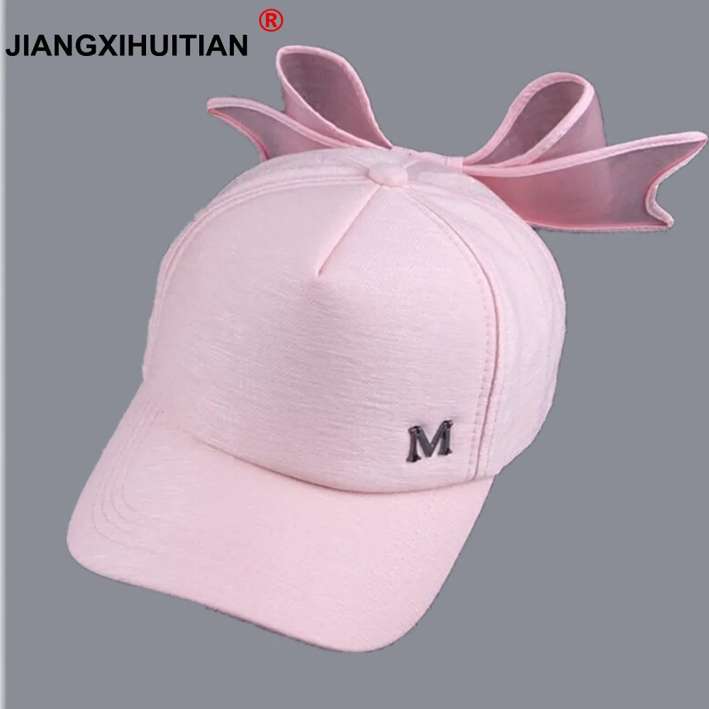 

2017 new summer HOT Korea Spring Cap M mark Pink Hat with big bow Bending brimmed hat has baseball caps Visor women sun hats