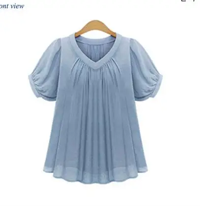 Blue Женская рубашка, блузка большого размера плюс 5XL, Летние повседневные женские блузки с коротким рукавом, плиссированные шифоновые женские топы T7N010A - Цвет: Blue