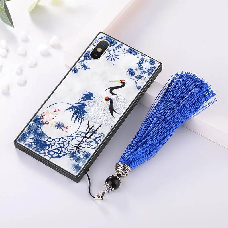 Crane With Tassal Модное квадратное закаленное стекло чехол для iPhone X 7 8 Plus 6 6S Plus китайский стиль синий и белый фарфор Дракон Феникс Coque - Цвет: Crane With Tassal