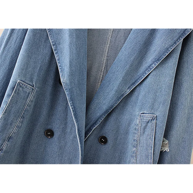 Large size denim trench coat women long Windbreaker Double-breasted suit collar jeans coats female Hole Loose Casual tops G106 | Женская