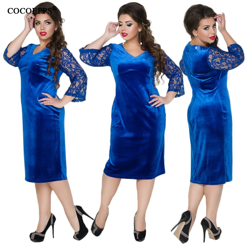 COCOEPPS Large Size Thicken lace Autumn Winter Women Velvet Dress L-6XL Female Clothing Plus Size Red Tunic Dress Vestidos