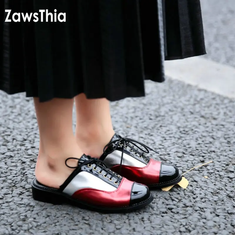 ZawsThia 2019 лето на шнуровке контрастных цветов с круглым носком женские туфли
