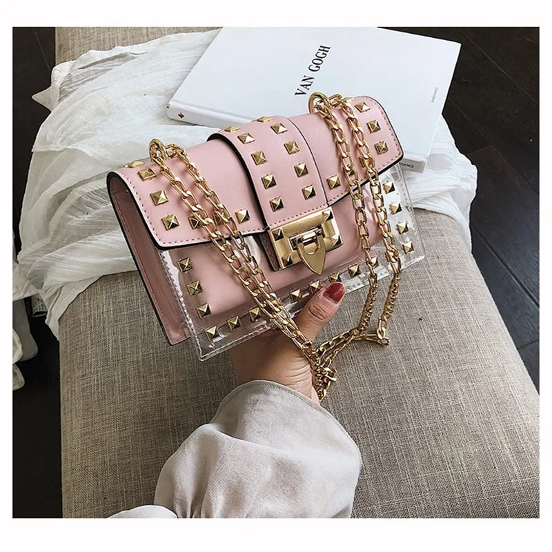 Small Clear Brand Designer Woman 2019 New Fashion Girl Messenger Bag Chains Shoulder Female Rivets Transparent Square PU | Багаж и сумки