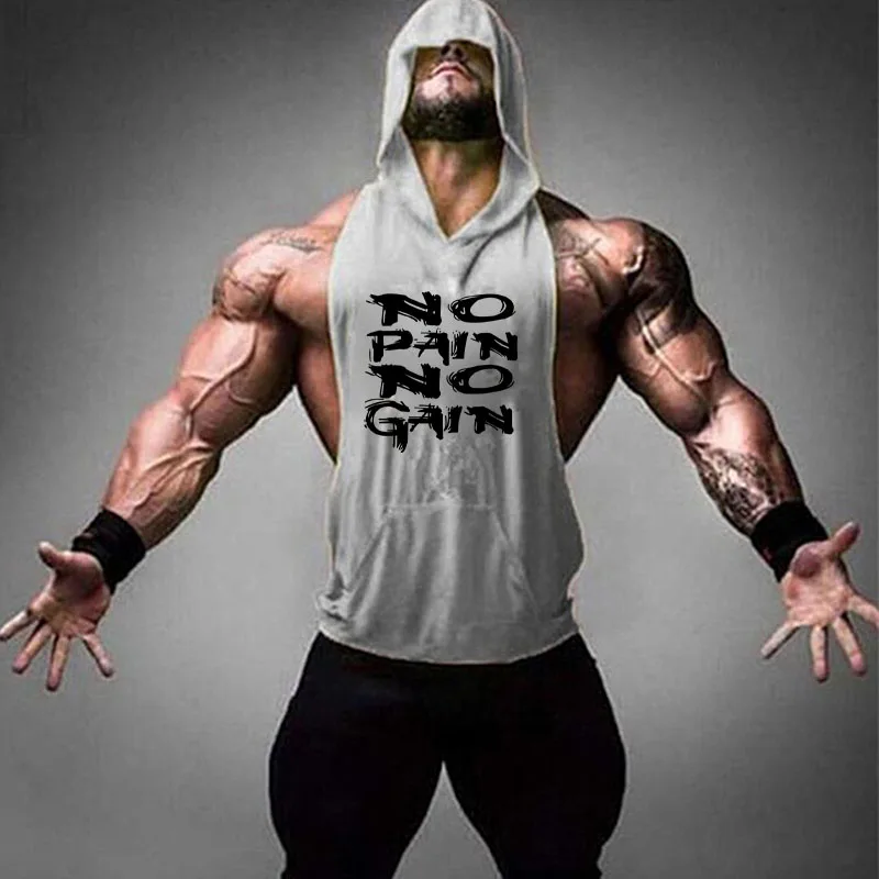 

Brand NO PAIN NO GAIN clothing bodybuilding stringer gym tanktop men fitness singlet Hooded sleeveless Sport shirt Running vest