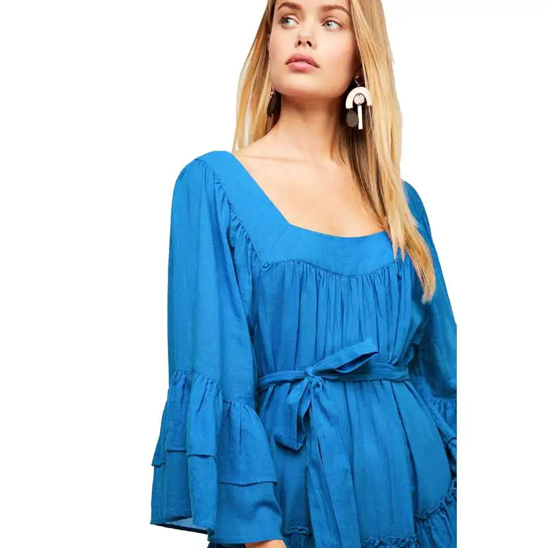 Boho вдохновил Ruffled квадратный средства ухода за кожей шеи V назад труба рукав