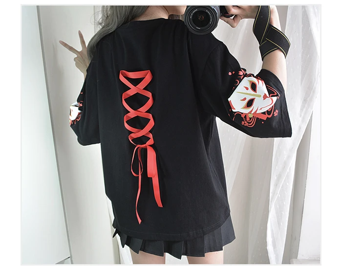 Японский Harajuku футболка для женщин Винтаж Kawaii аниме кошка девушки черные топы Лолита готический животный принт негабаритных милые футболки