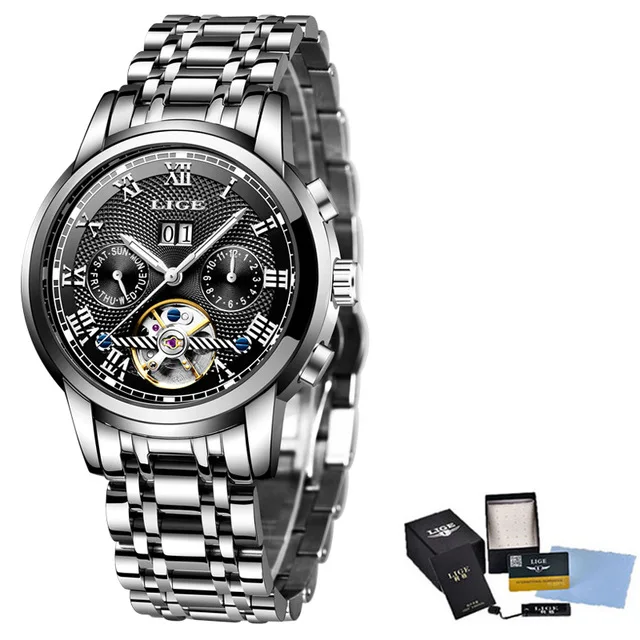 Silver white steel LIGE новые мужские часы спортивные водонепроницаемые автоматические механические часы из нержавеющей стали полые автоматические наручные часы Horloges Mannen - Цвет: Silver white steel
