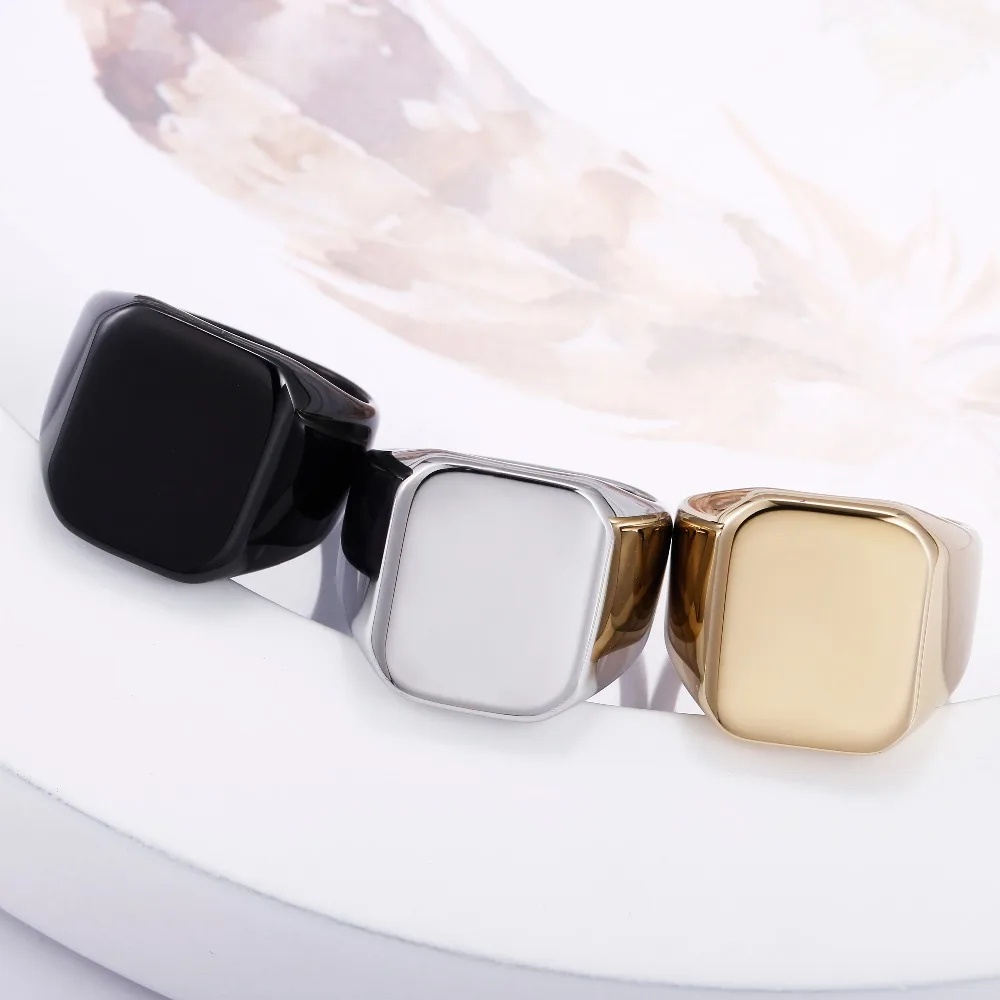 Personalized Customize Engrave Photo Logo Names Rings Square Big Width Signet Ring Stainless Steel Men Finger Black Gold color Украшения