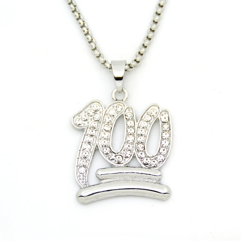 Золотой Emoji 100 подвеска с логотипом Нержавеющая сталь Iced Out Bling со стразами и