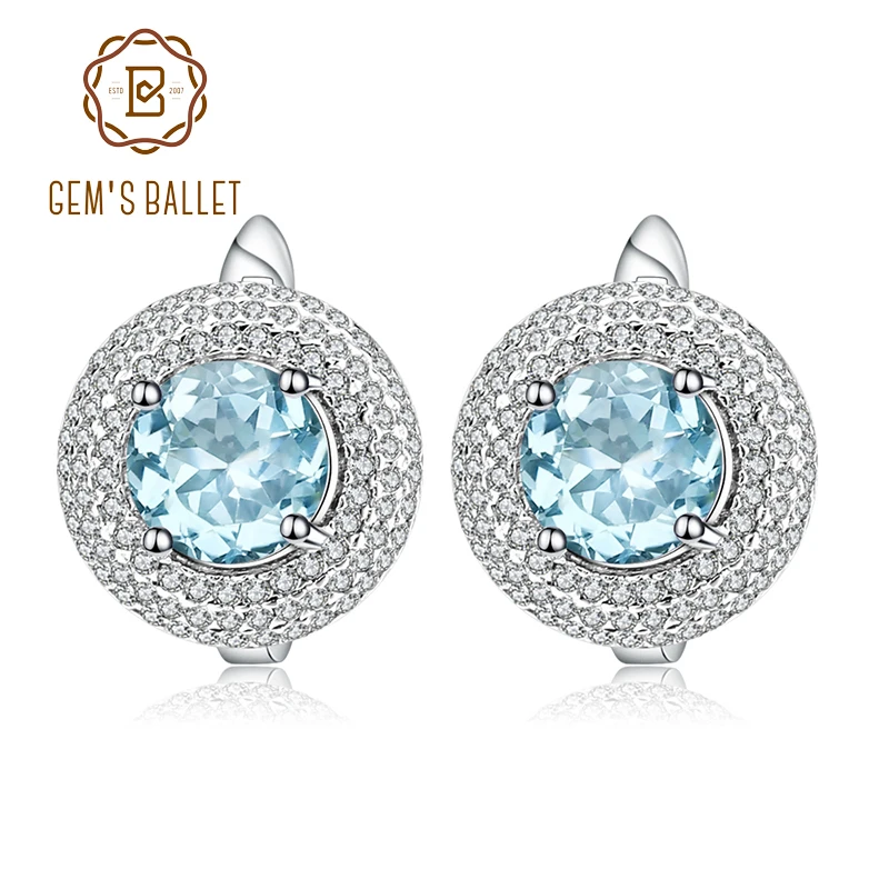 GEM'S BALLET 5.15Ct круглые серьги с натуральным небесно-голубым топазом, 925 пробы серебряные серьги-гвоздики с драгоценным камнем для женщин, хорошее ювелирное изделие