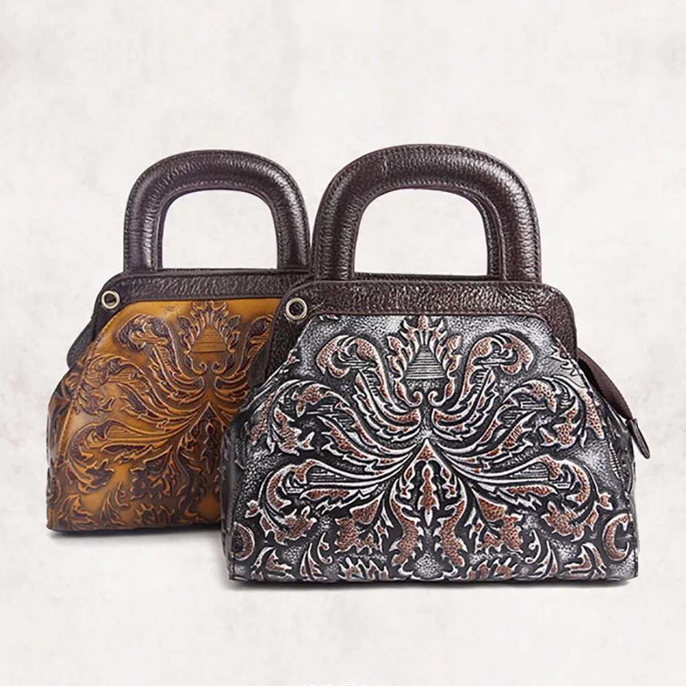 Сумка-тоут женская из натуральной кожи мессенджер воловьей с тиснением саквояж