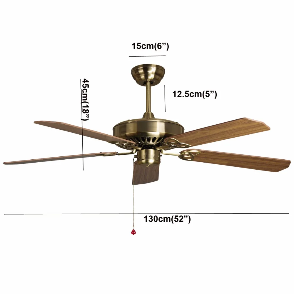 Деревянный потолочный вентилятор 52 дюйма 5 листьев без света и 2 размера штанги