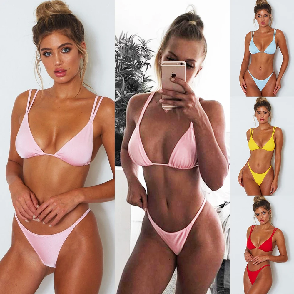 

2019 Super sexy Women mini micro bikini g string swimsuit double strap triangle bandage swimwear beach swimming bikini set