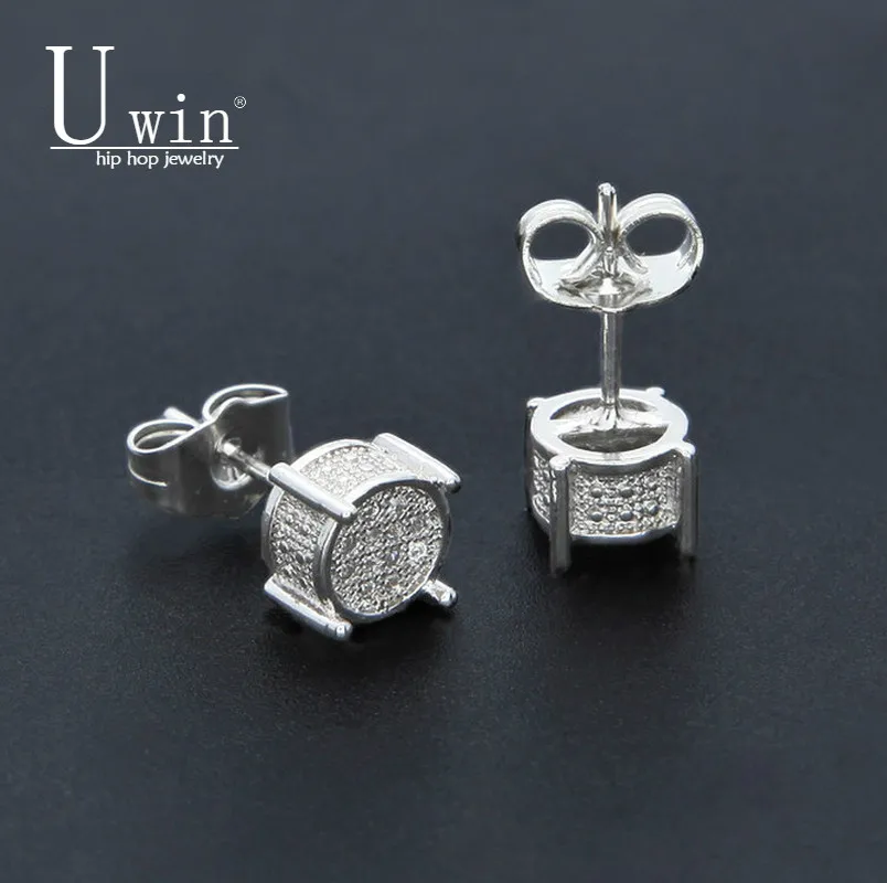 UWIN хип хоп мужские серебряные сережки сверкающие полностью циркониевые круглые