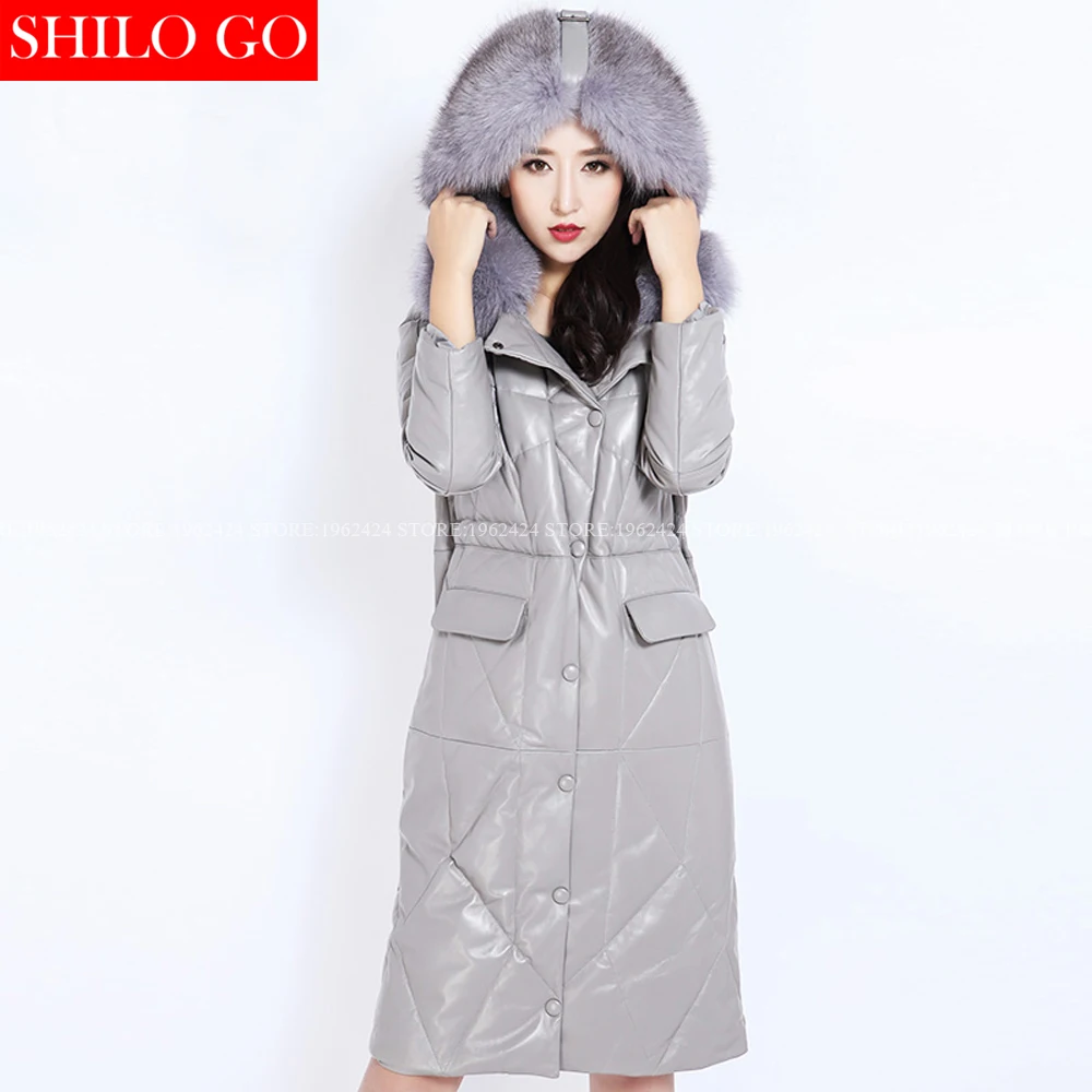 Женское длинное пальто из натуральной кожи с капюшоном и мехом лисы большие