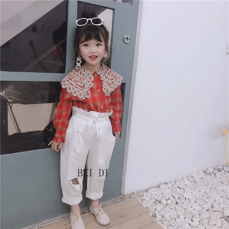 2019 Весенняя маленькая свежая рубашка в клетку для девочек с длинными рукавами и