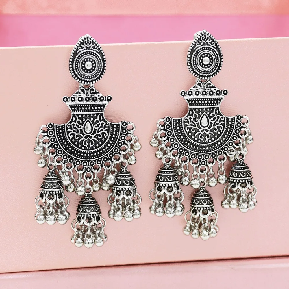 Индийские серьги для женщин окисленные большие длинные подвески Jhumka с