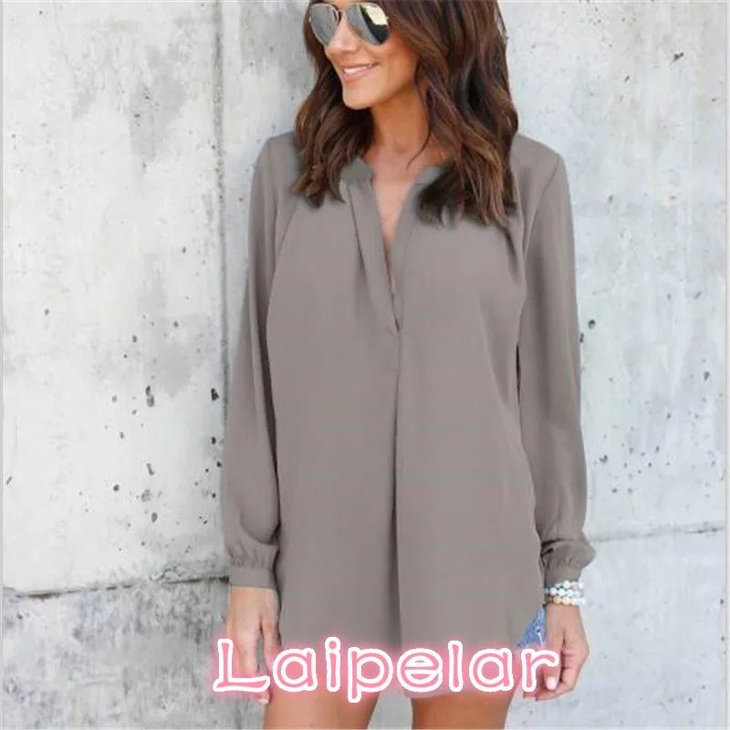 Блузка женская шифоновая с длинным рукавом и V образным вырезом большого