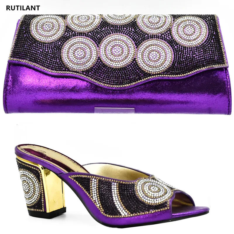 Последние фиолетовый цвет Обувь в африканском стиле и сумки комплекте Размер