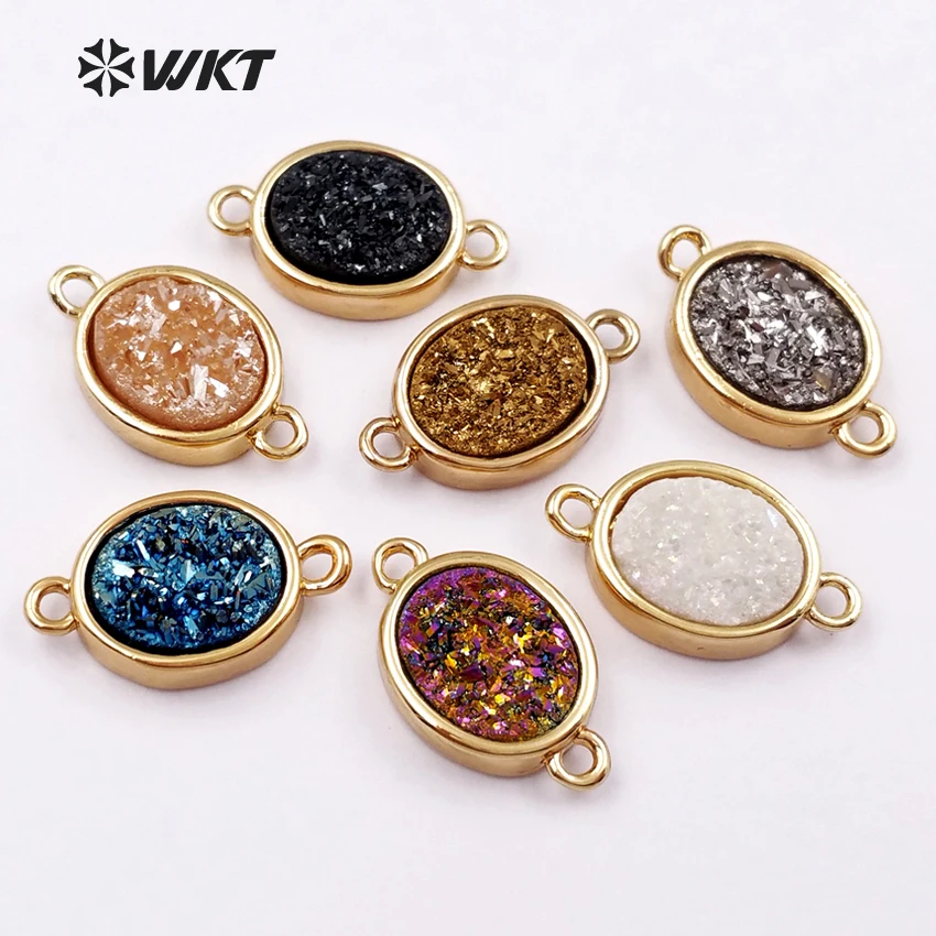 

WT-C238 Wholesale Lovely Oval Shape Necklaces Connector Multi-options Shining Natural Druzy Stone Electroplated Connector