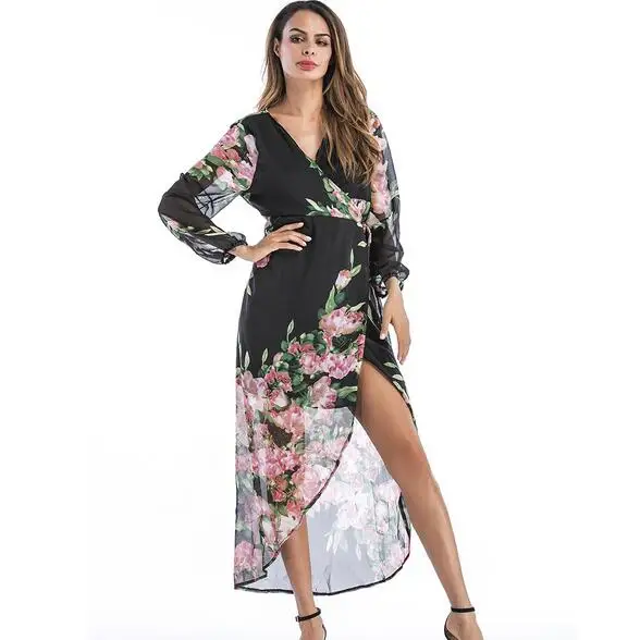 Vestido de festa длинное женское платье с глубоким v образным вырезом шифоновое летнее