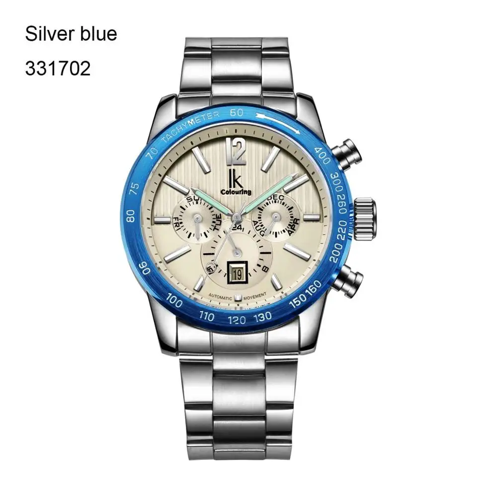 Silver blue Элитный бренд IK Автоматические механические часы спортивные часы Для мужчин Автопереключение день дата 24 часа Нержавеющая сталь браслет часы Reloj Hombre - Цвет: Silver blue