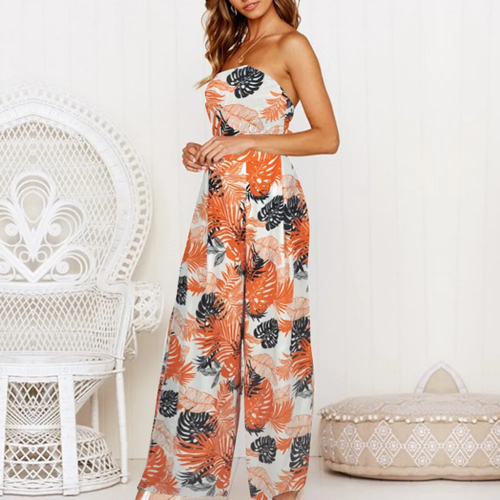 Свободный страусиный длинный комбинезон Модный женский без бретелек рукавов с