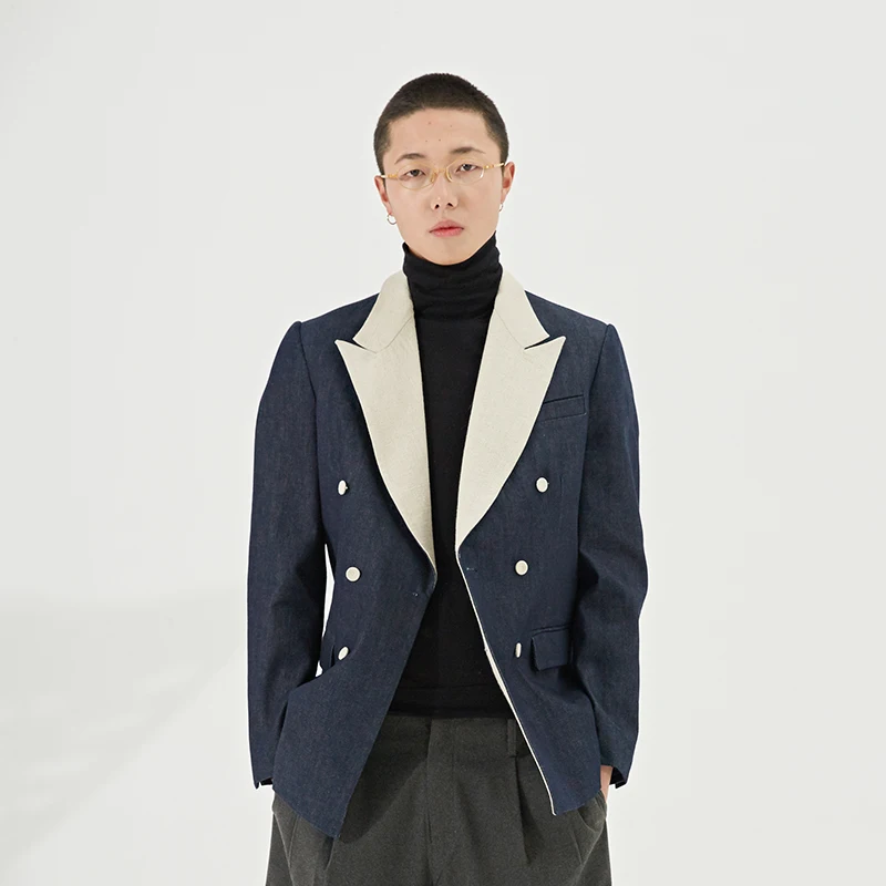 

Spring 2018 new long style denim jacket coat male collar splicing show style. M-2XL!!