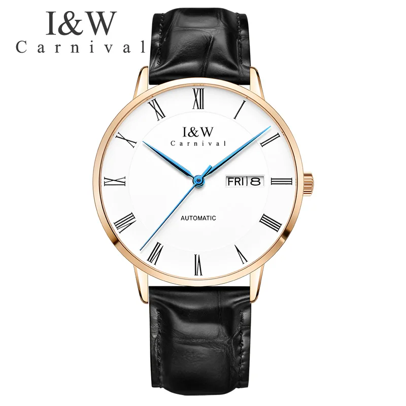 

Carnival I&W Ultra Thin Automatic Watch Men Leather Strap Mechanical Watches Mens Sapphire Crystal Clock Roma Number kol saati