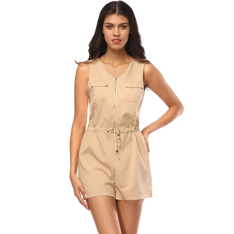 Сексуальный комбинезон на молнии с карманами для женщин без рукавов со шнуровкой