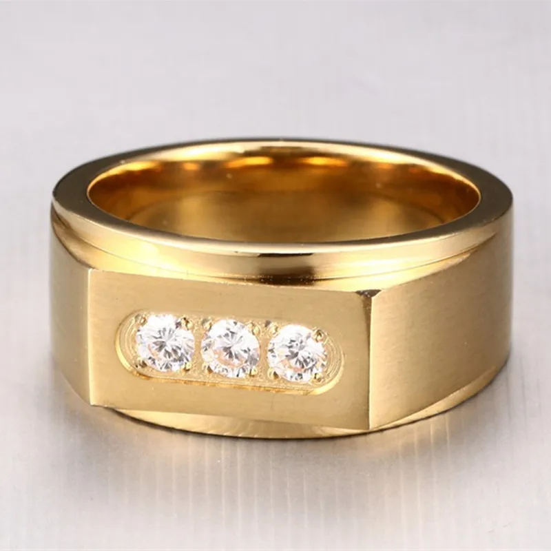 Нержавеющая сталь три CZ алмаз обручальное кольцо золото 18K покрыло обручальные