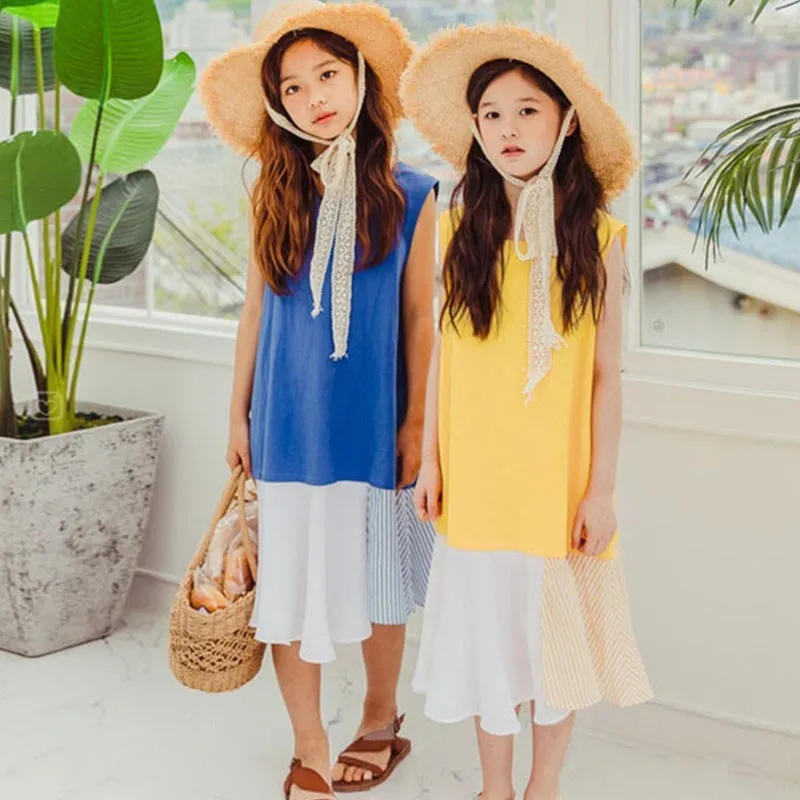 Summer 2019 Blue Yellow Patchwork Sundress Girls Sleeveless Beach Party Dresses Kids Clothes Children Straight Dress Clothing | Детская