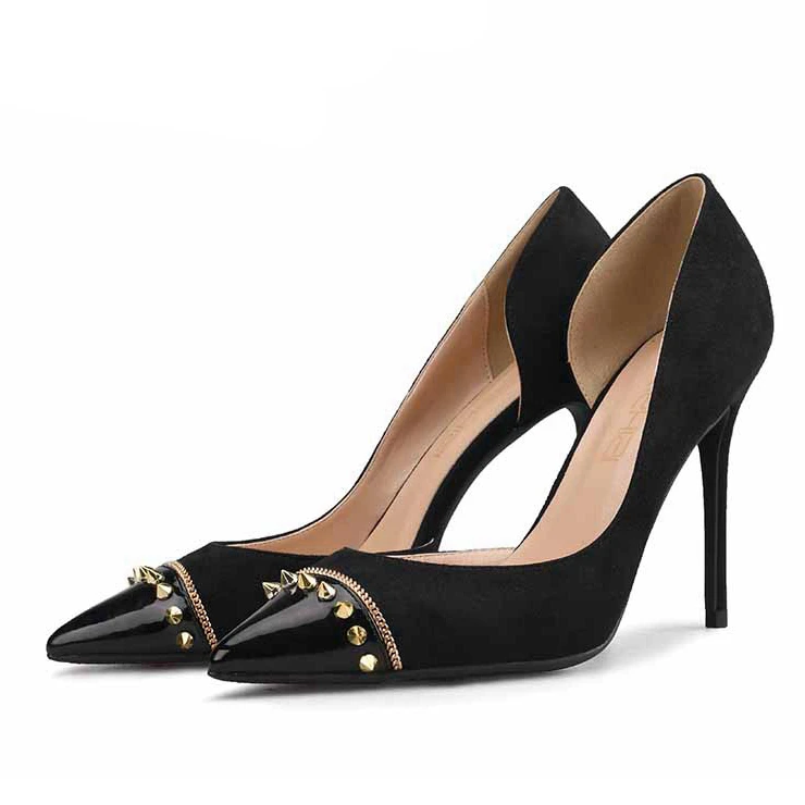 

Fashion Rivet Pumps Female High Heel Sweet Slip On Pointed Toe Shoes Ladies Casual Spring Shoes Big Size Leather Shoes H0013