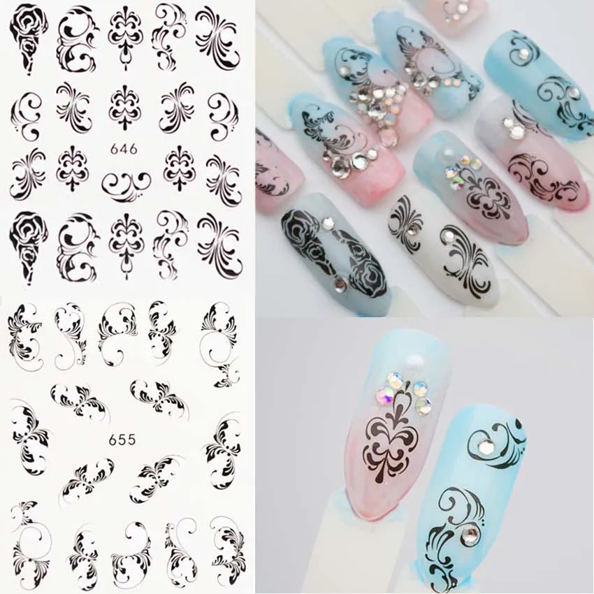 2 шт./компл. черного цвета с кружевом кроше водные наклейки на ногти цветок лоза