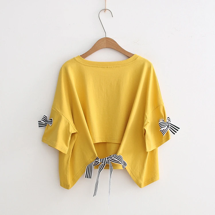 Gkfntm галстук-бабочка Разделение Back Crop Top ремень милый футболка 2018 Для женщин