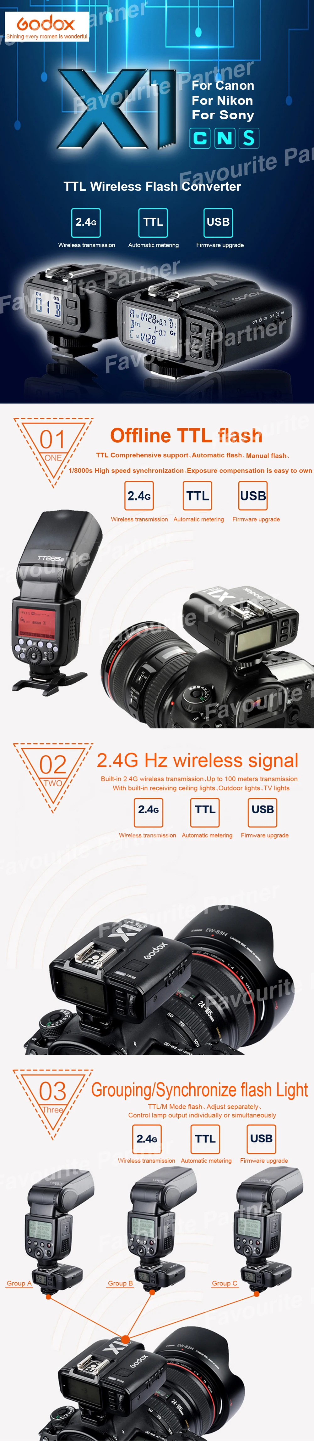 Ttl Flash Trigger синхронизатор комплект Godox X1C/N/S 2,4G беспроводной пульт дистанционного управления затвором Штатив для "горячего башмака" для Canon Nikon sony