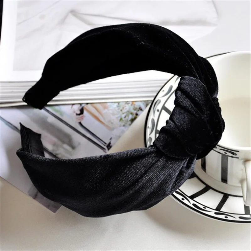 Velvet Black Женский ободок, модный однотонный бархатный ободок для волос, повязка на голову для женщин и девочек, элегантный ободок для волос ручной работы с перекрестным бантом - Цвет: Velvet Black
