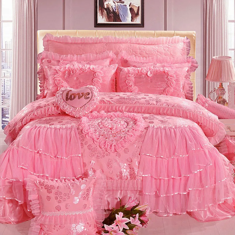 Жаккард spitze rot rosa luxus bettwäsche набор кёнинин king size bett hochzeit baumwolle bettbezug tagesdecken|Комплекты