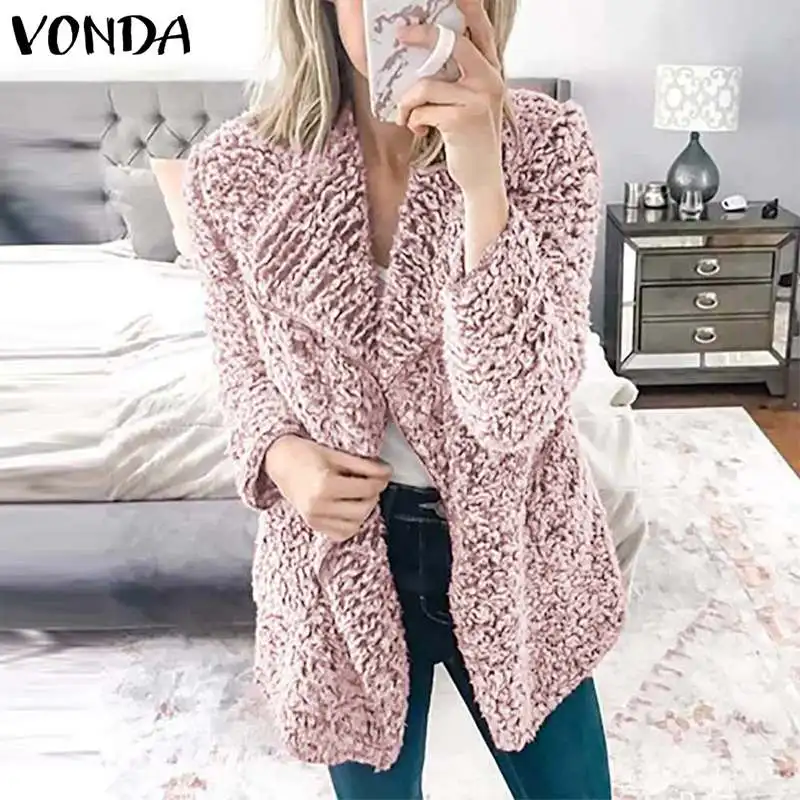 VONDA, Женское пальто, элегантное, с длинным рукавом, повседневное, одноцветная, теплая, осенняя куртка, кардиган, негабаритный, зима, искусственный мех, пальто, Femme 5XL