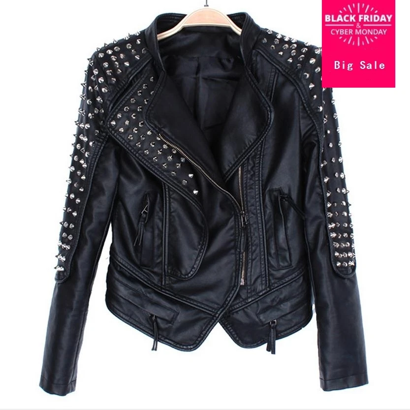 Женская короткая мотоциклетная куртка из искусственной кожи с заклепками модель