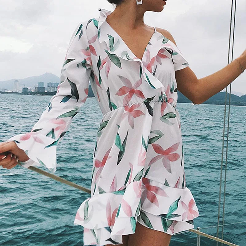 

Newly Women Sexy V Neck Irregular Ruffle Floral Print Dress Casual Summer Beach Holiday Party Dresses m99