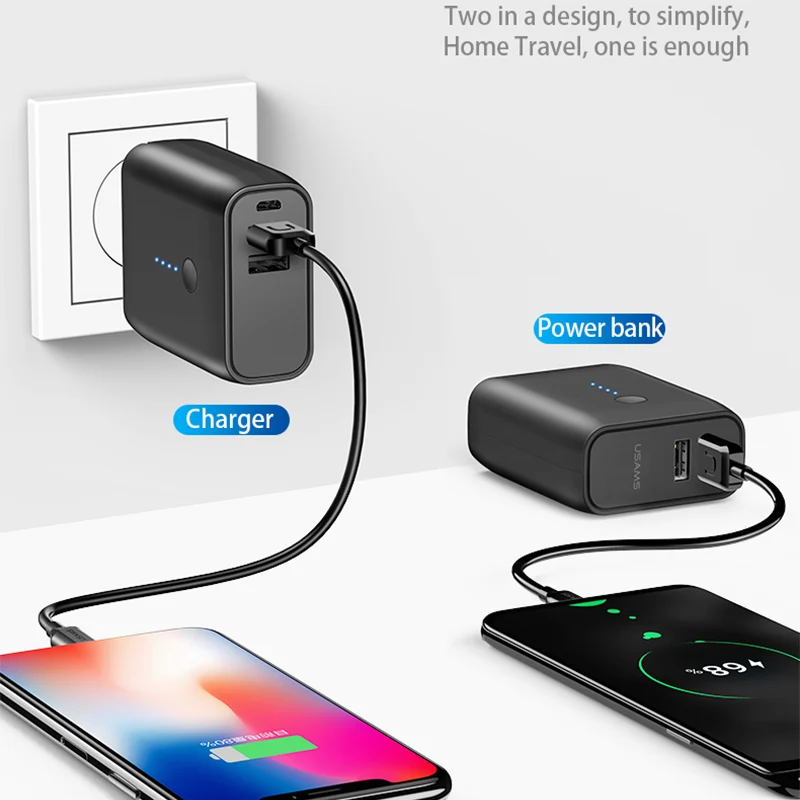 USAMS USB зарядное устройство 5000 мАч Power Bank 2 в 1 Складная штепсельная вилка EU/US Авто Pover