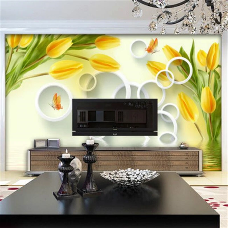 3d обои fresco Желтое отражение тюльпана Стерео ТВ фон гостиная спальня обои|wall