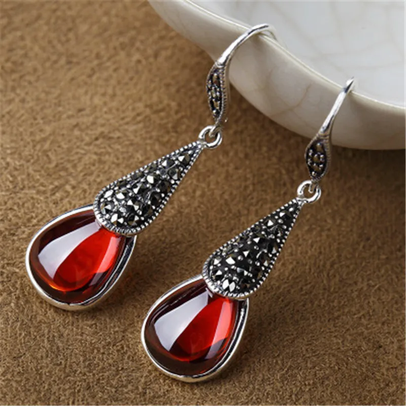 BESTLYBUY винтажные Ретро Красные гранат Длинные висячие серьги 925 серебряные