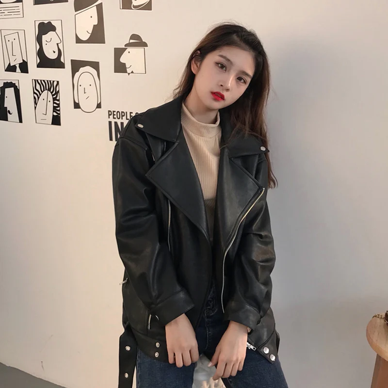 Женская свободная мотоциклетная куртка из ПУ кожи в стиле ретро осень 2019|Кожаные
