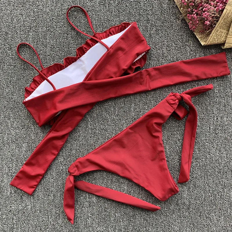 Женский купальник бикини с рюшами сексуальный бандажный открытой спиной пляжная