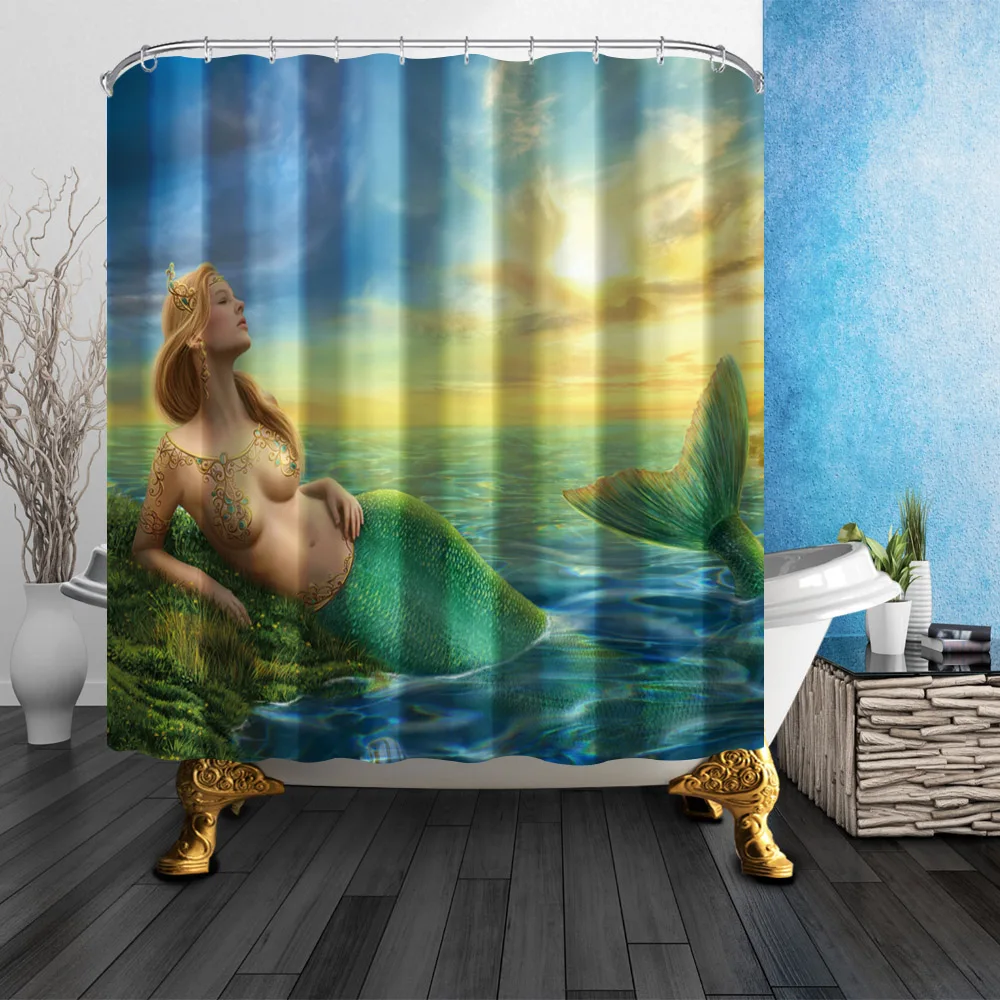 

Brand New European Beautiful Mermaid Waterproof Shower Curtains Polyester Customized Bathing Curtain Home Bathroom Hooks Set